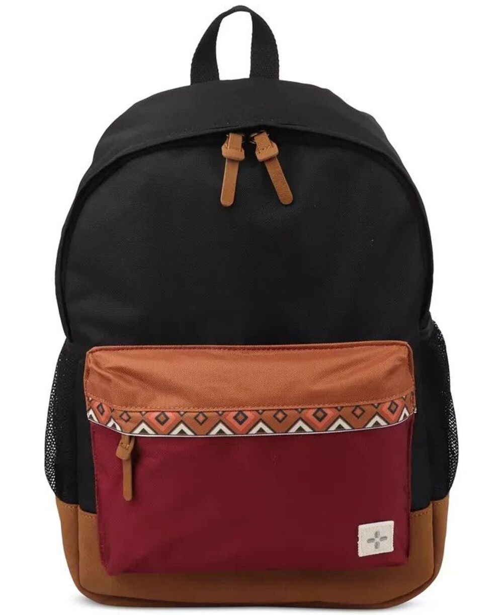 SUN + STONE Black Maroon Backpack Colorblock Canvas School Laptop Bookbag RILEY
